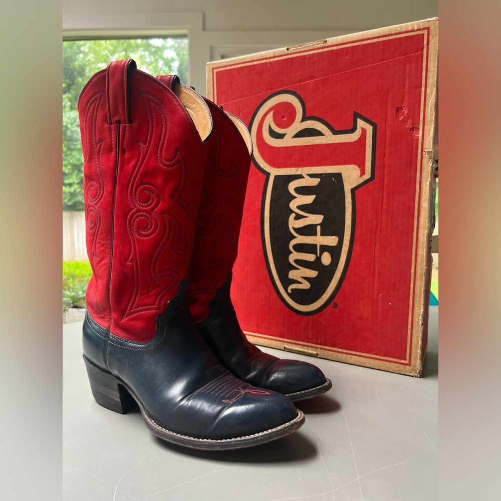 Vintage Western JUSTIN Cowboy Boots - navy blue leather/red 7.5B  Women’s